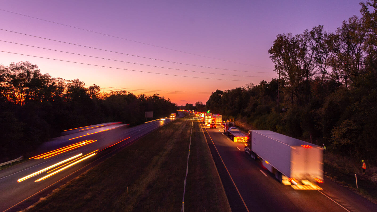 Traffic heading west at sunset on I-70 in East Central Indiana