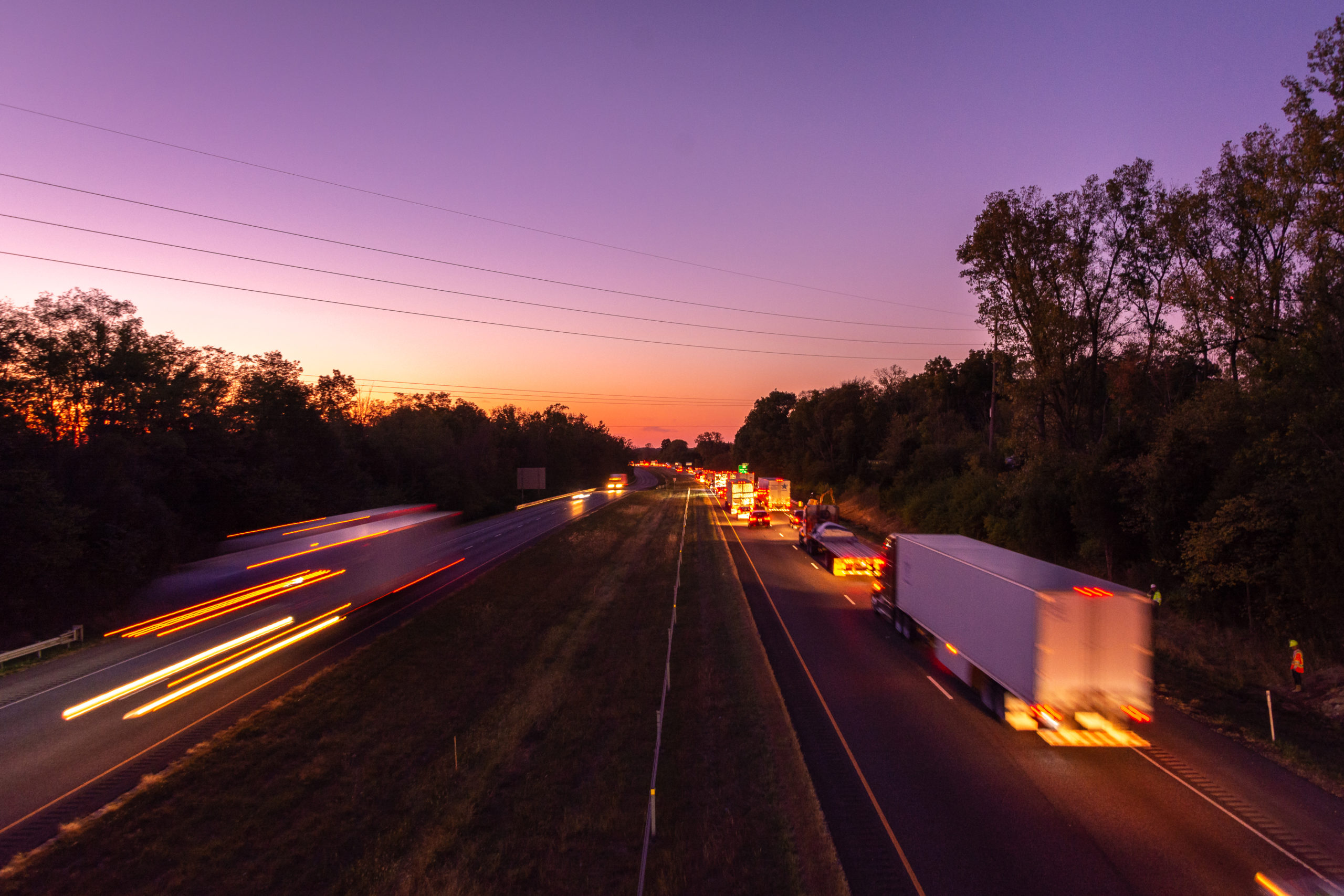 Traffic heading west at sunset on I-70 in East Central Indiana